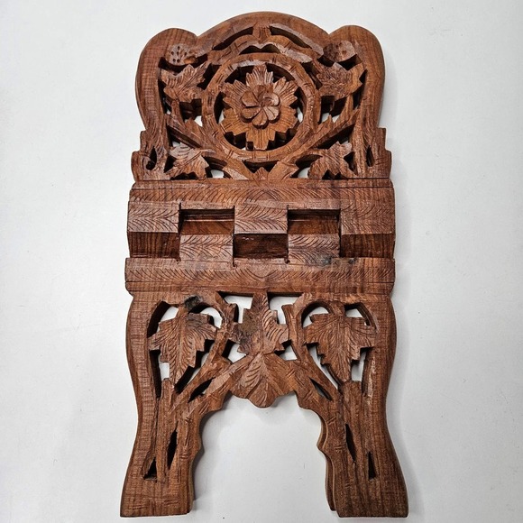 Hand Carved Wooden Book Holder Cookbook Stand Countertop Bohemian Boho India - Picture 4 of 12